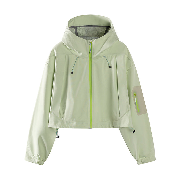 Women's Short Waterproof Hoodie Jacket with Adjustable Hem and Arm Pocket Mune Fashion