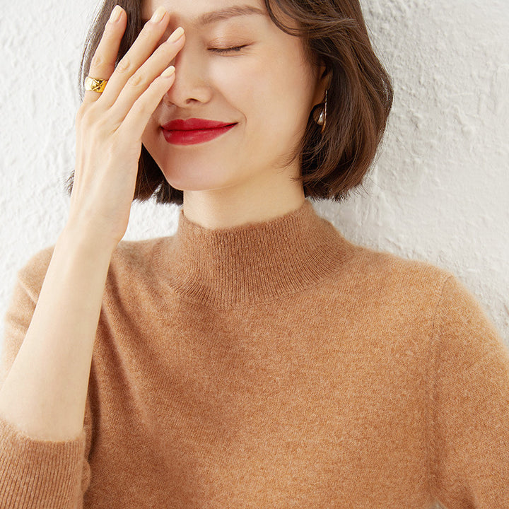 Women Luxurious Cashmere Fine Knit Sweater with Standing Collar Mune Fashion