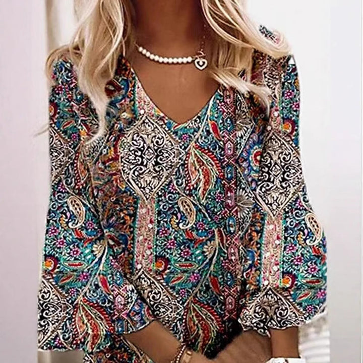 Women's Boho Paisley Tunic Dress with V-Neck and Three-Quarter Bell Sleeves Mune Fashion