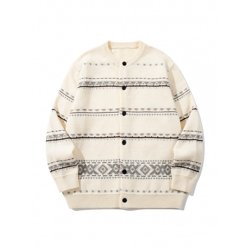 Unisex jacquard knit cardigan in boxy cut with round neck and button placket Mune Fashion