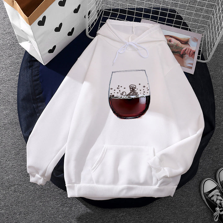 Women’s casual hoodie with photorealistic wine glass graphic, kangaroo pocket, and soft fleece Mune Fashion