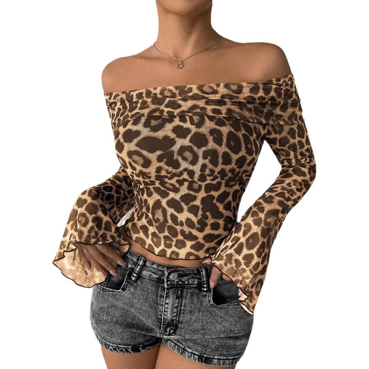Women’s fitted off-the-shoulder mesh crop top with leopard print and flared sleeves Mune Fashion