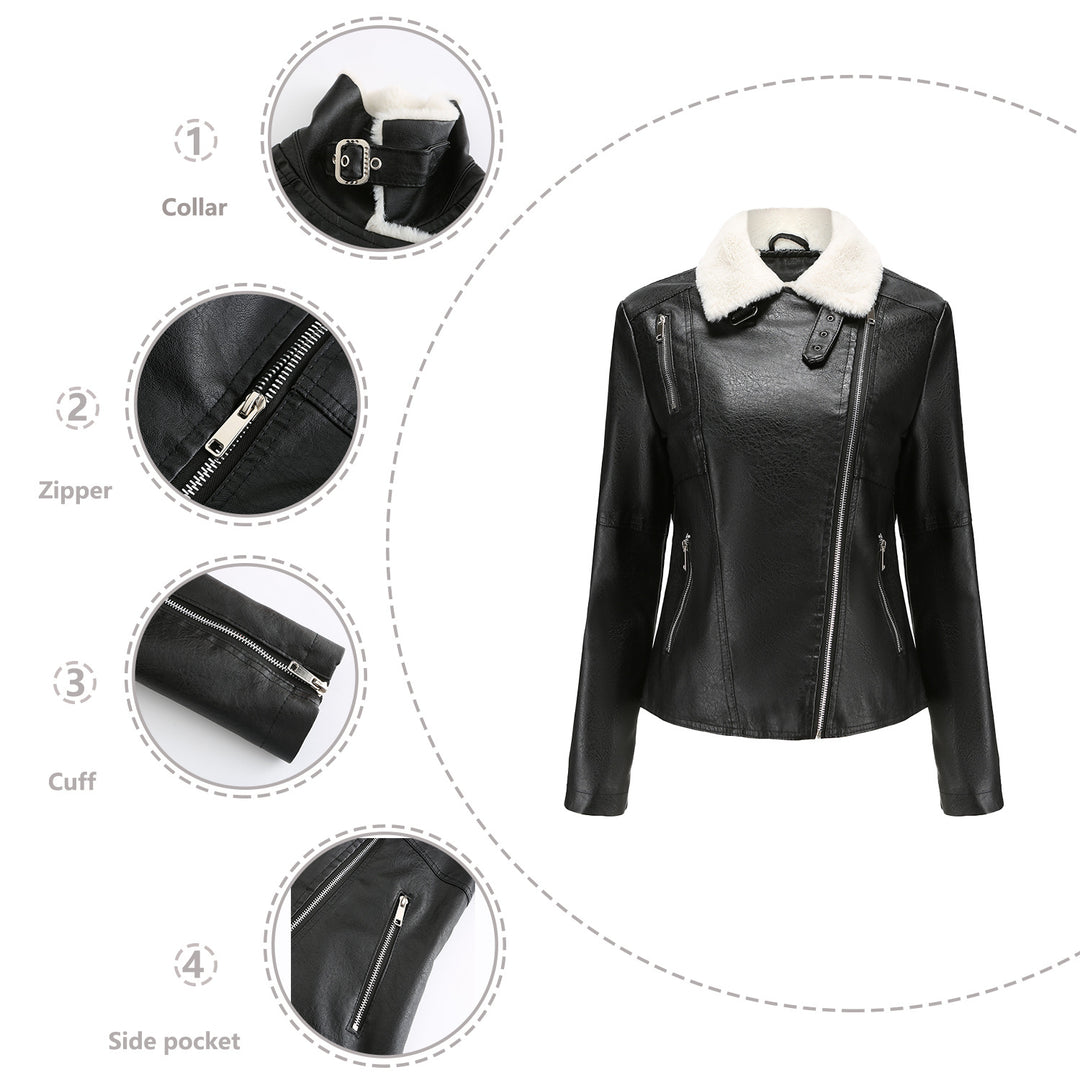 Women's fitted faux leather biker jacket with detachable faux fur collar and diagonal zipper Mune Fashion