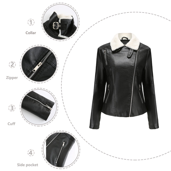 Women's fitted faux leather biker jacket with detachable faux fur collar and diagonal zipper Mune Fashion