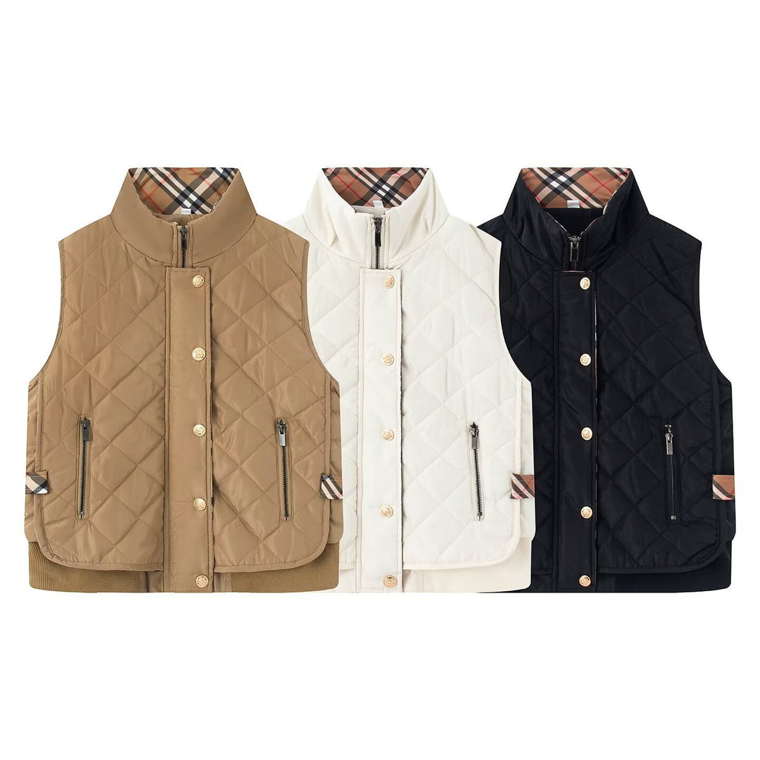 Women's quilted vest with stand-up collar, zippered pockets, and checked lining Mune Fashion