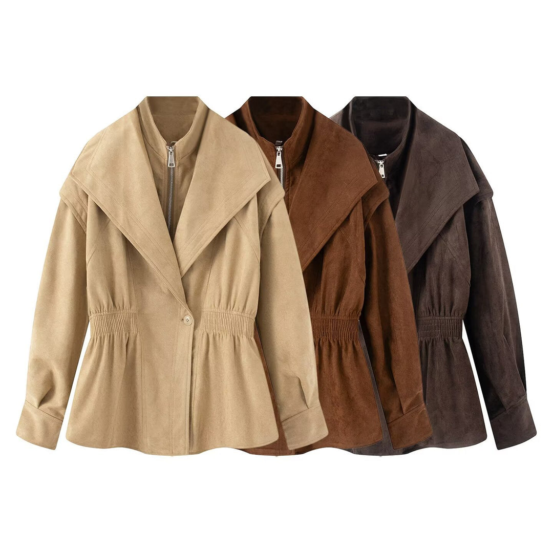 Women's tailored jacket in suede look with large shawl collar, zipper and gathered waist Mune Fashion