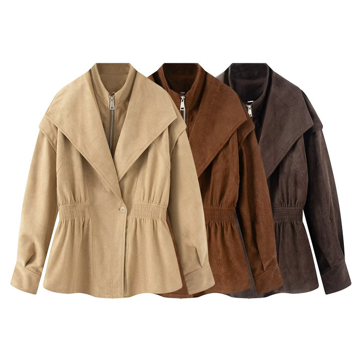 Women's tailored jacket in suede look with large shawl collar, zipper and gathered waist Mune Fashion