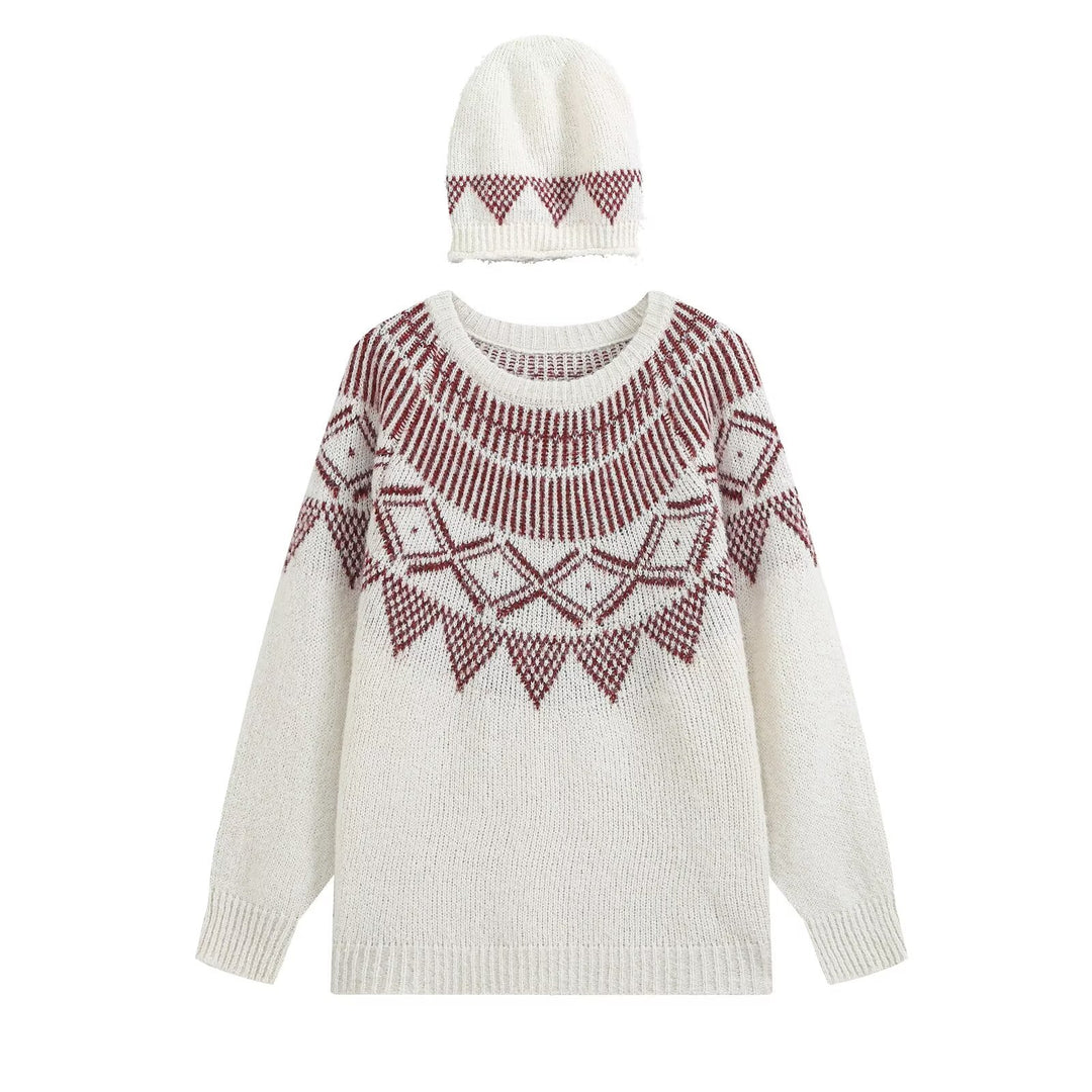 Women Oversized Norwegian Knit Sweater with Round Neckline and Matching Beanie Drune