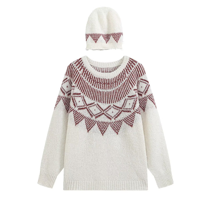 Women Oversized Norwegian Knit Sweater with Round Neckline and Matching Beanie Drune