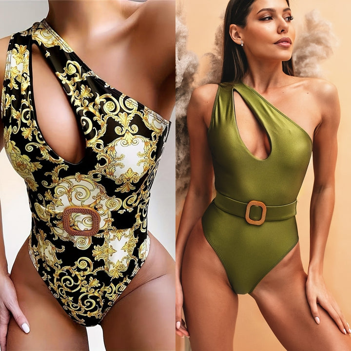 Women's one-piece swimsuit with asymmetric design and stylish belt Mune Fashion