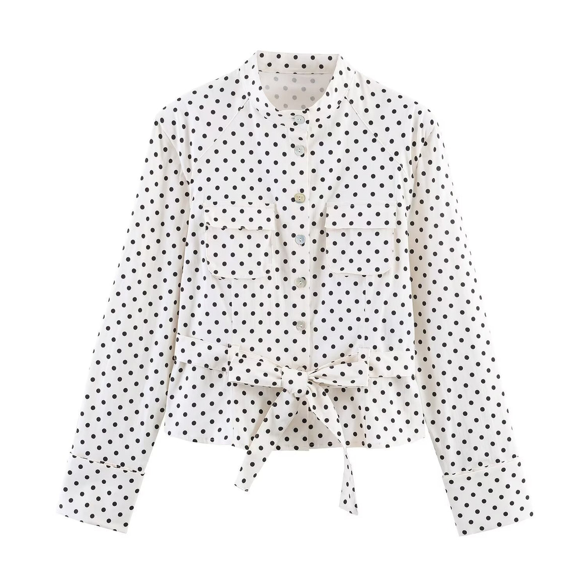 Women's Dotted Tailored Blouse Jacket with Stand Collar, Chest Pockets and Waistband Mune Fashion