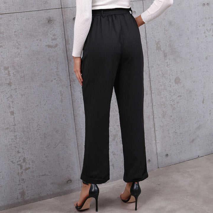 Women Elegant high-waisted paperbag trousers with tie belt and straight leg Mune Fashion