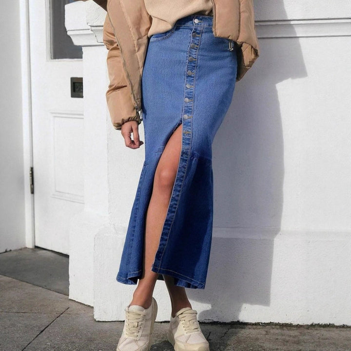 Women High-Waisted Maxi Denim Skirt with Continuous Button Placket and High Front Slit Mune Fashion