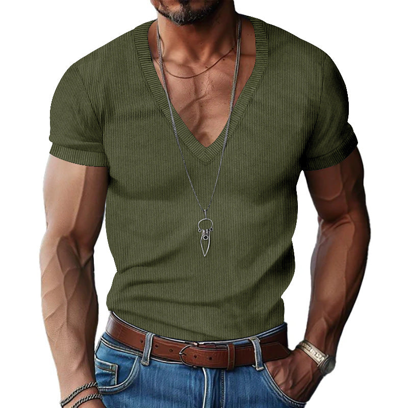 Men's structured V-neck ribbed jersey shirt with short sleeves and a slim fit Mune Fashion