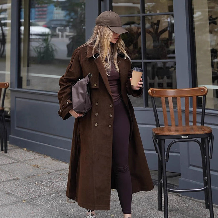 Women's Maxi Length Trench Coat in Velour Look with Double-Breasted Button Placket and Oversized Cut Mune Fashion