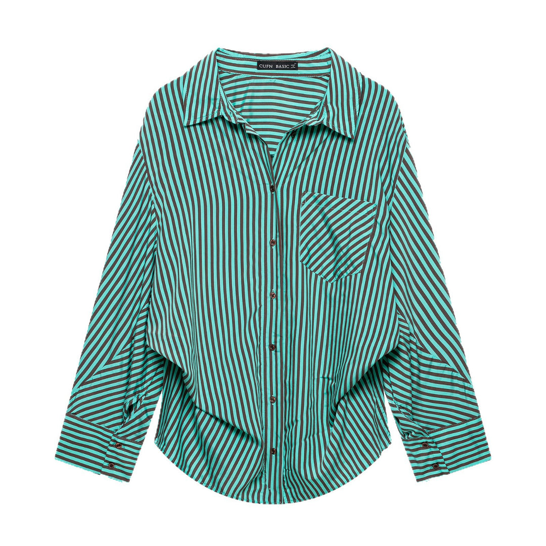 Women Oversized Shirt Blouse with Diagonal Stripes, Chest Pocket and Rounded Hem Mune Fashion