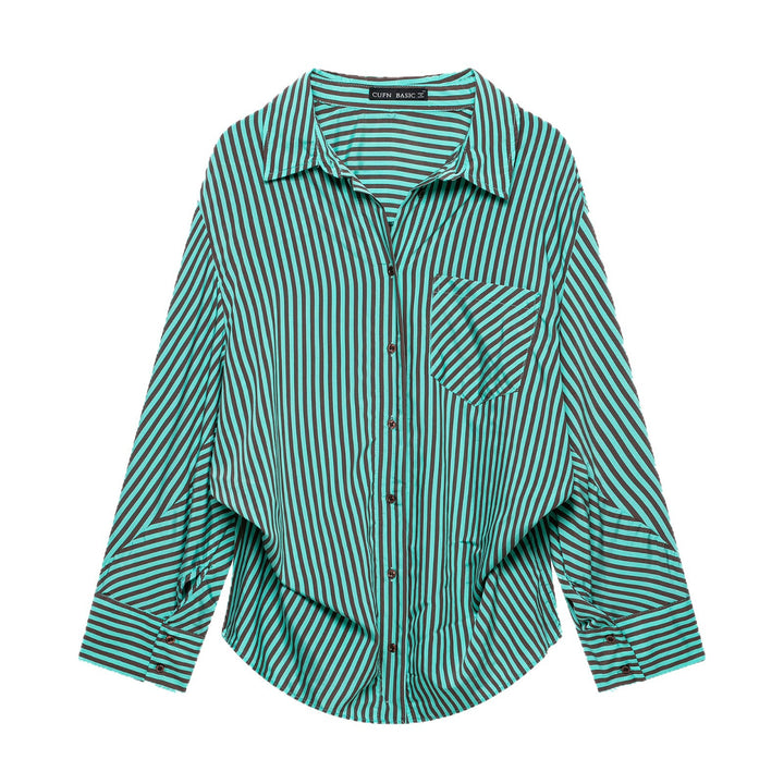 Women Oversized Shirt Blouse with Diagonal Stripes, Chest Pocket and Rounded Hem Mune Fashion