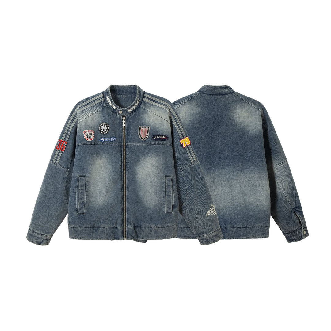 Men's jeans bomber jacket with vintage wash, patch detail and stand-up collar Mune Fashion