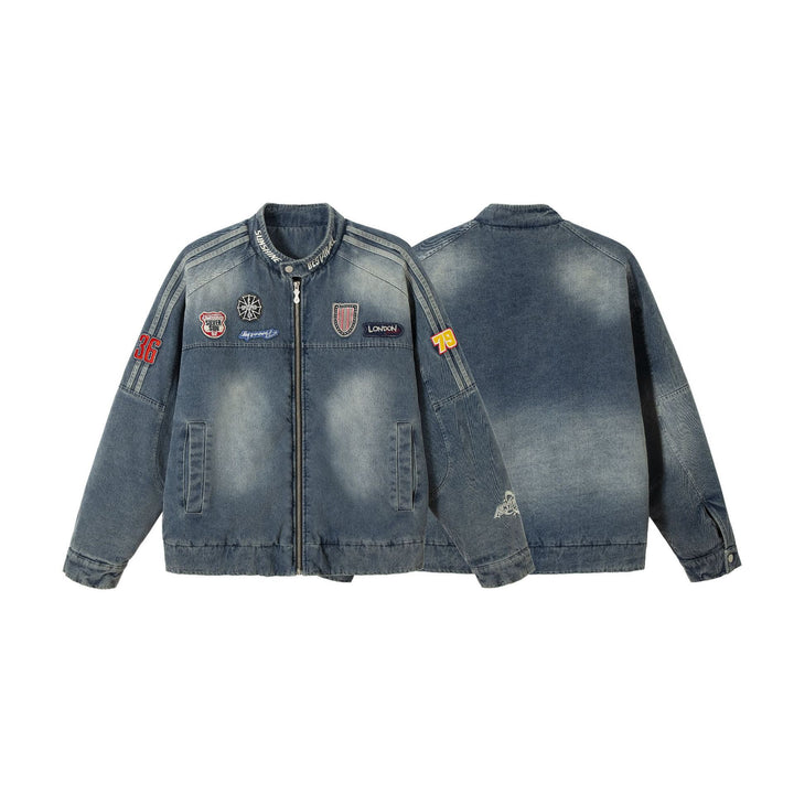 Men's jeans bomber jacket with vintage wash, patch detail and stand-up collar Mune Fashion