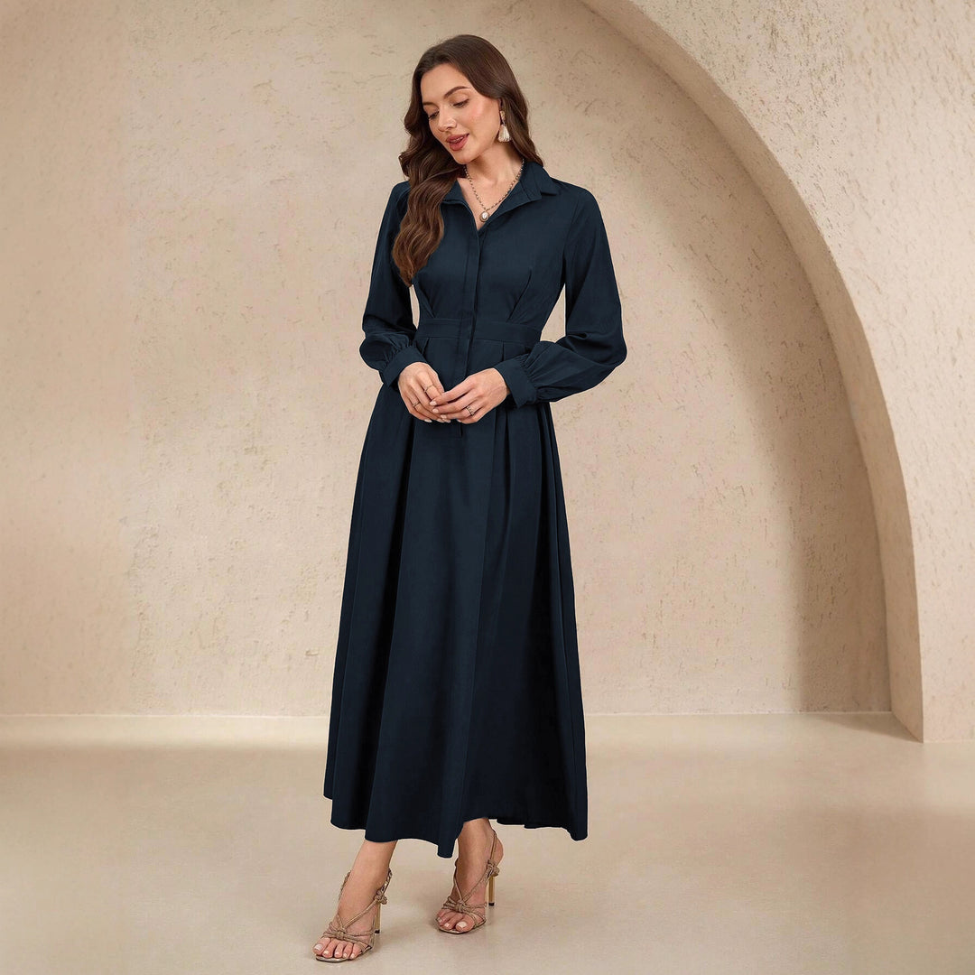 Ladies long shirt dress with waist belt, concealed button placket and balloon sleeves Mune Fashion