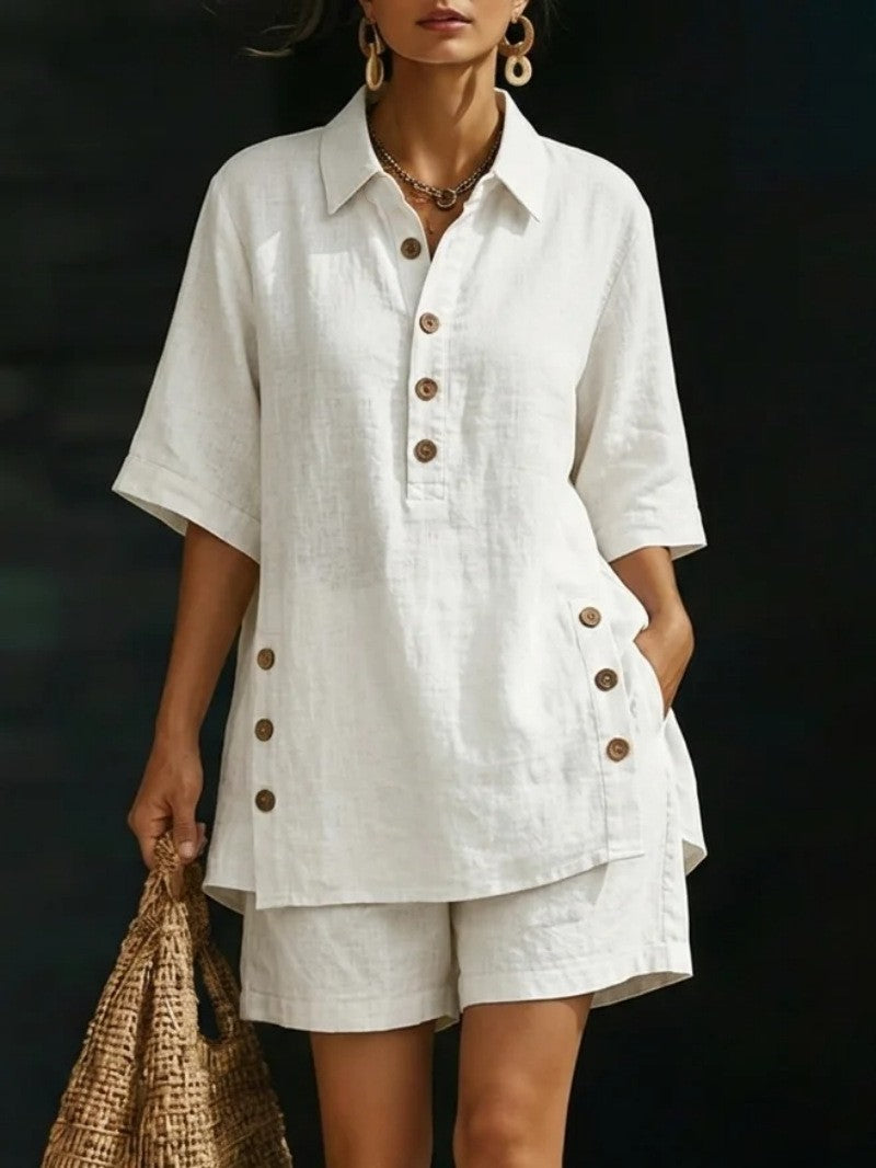 Women's airy linen-look two-piece set with oversized shirt blouse, button placket, and Bermuda shorts Mune Fashion