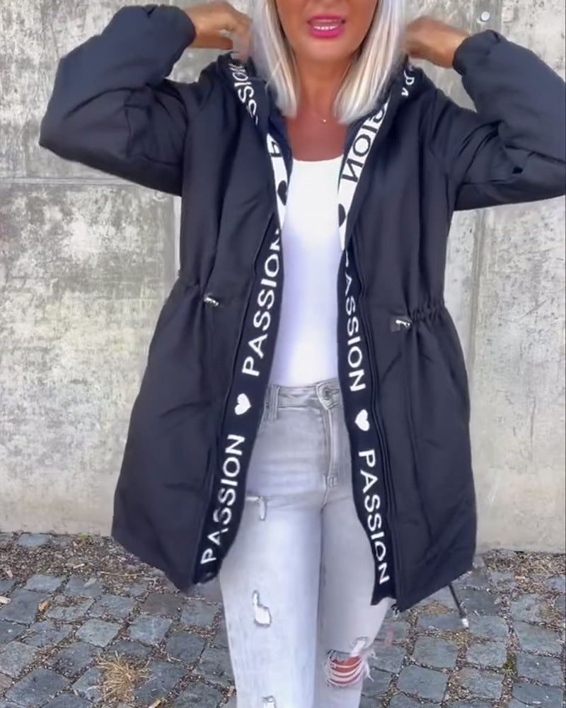 Women's Hooded Parka with Drawstring Waist and Logo Band Zipper Mune Fashion