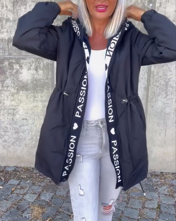Women's Hooded Parka with Drawstring Waist and Logo Band Zipper Mune Fashion