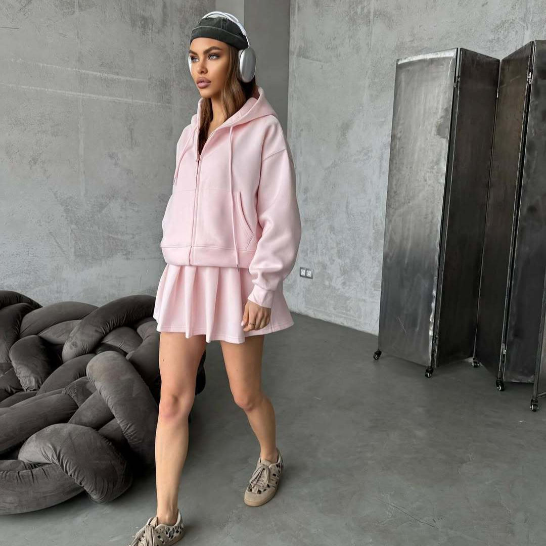 Women's Short Zip Hoodie with Pleated Mini Skirt Lounge Set Mune Fashion