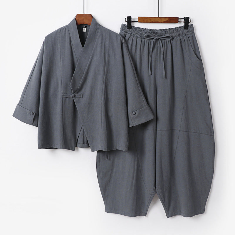 Men's Minimalist Kimono Lounge Set made of breathable cotton blend with balloon-shaped waistband pants Mune Fashion