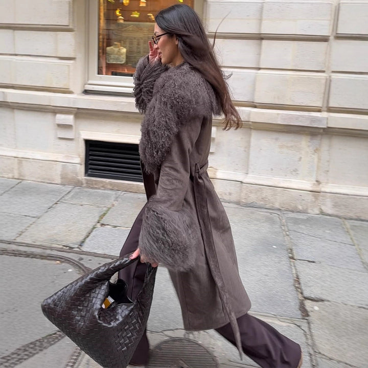 Women's coat made of suede leather look with voluminous faux fur shawl collar, fur cuffs & waist belt Mune Fashion