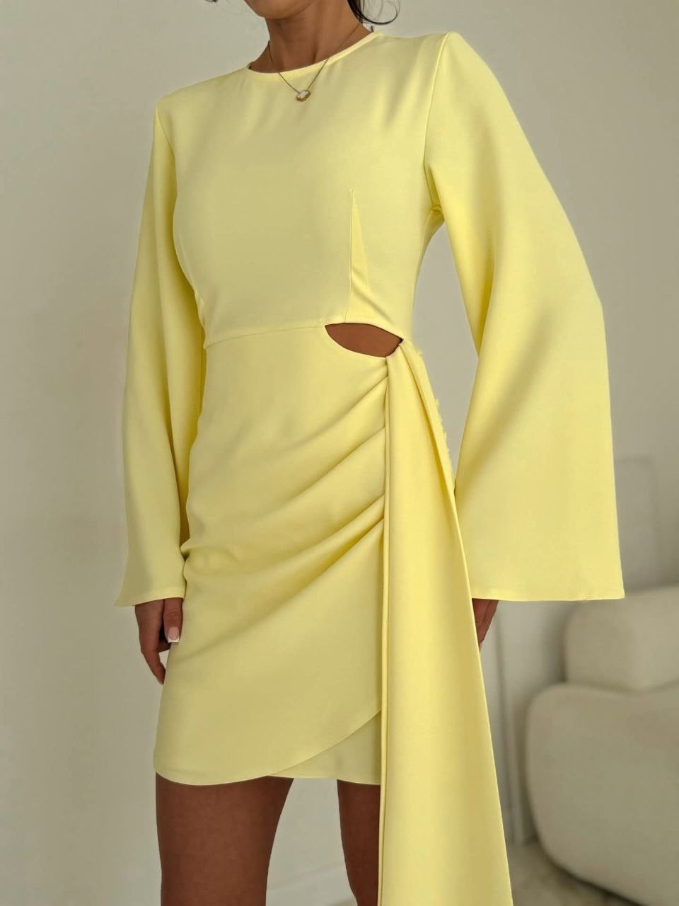 Women Elegant Wrap Minidress with Side Waist Opening, Wide Trumpet Sleeves and Draped Waist Area Mune Fashion