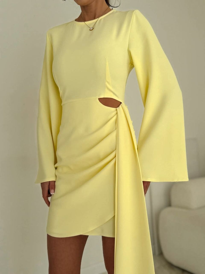 Women Elegant Wrap Minidress with Side Waist Opening, Wide Trumpet Sleeves and Draped Waist Area Mune Fashion