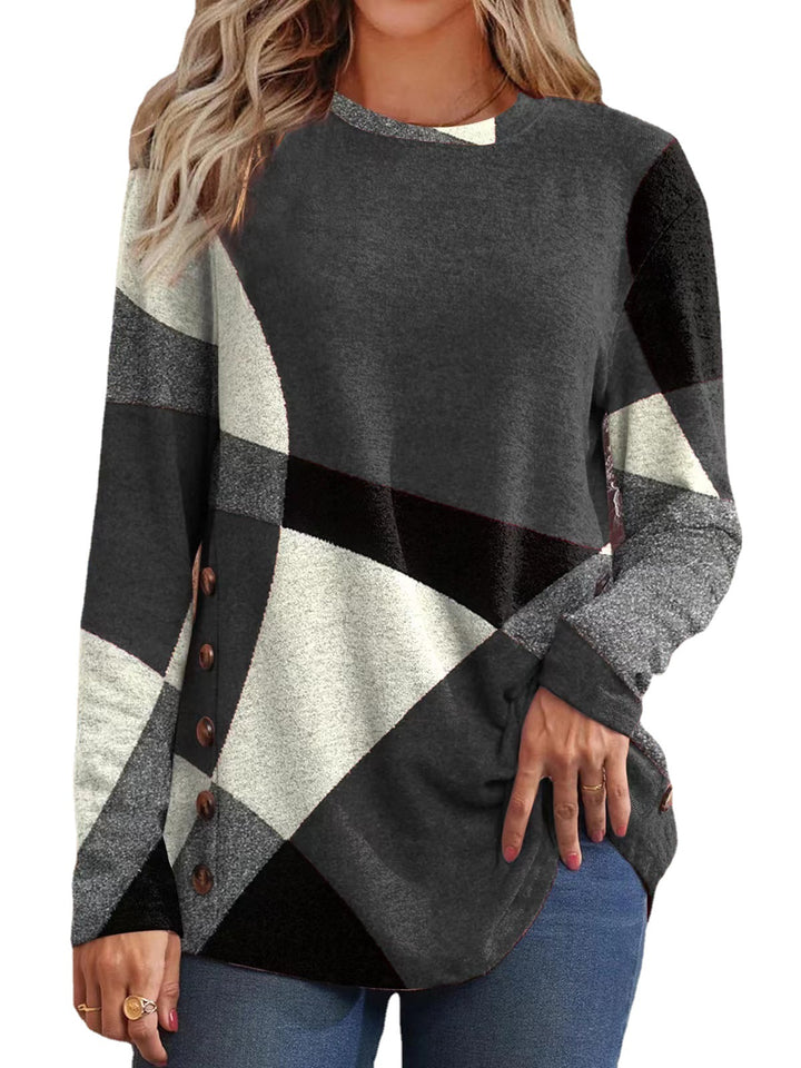 Women's fine knit sweater with geometric color block and decorative buttons Mune Fashion