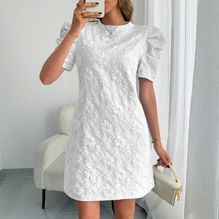 Women's floral jacquard mini dress with layered puff sleeves Mune Fashion