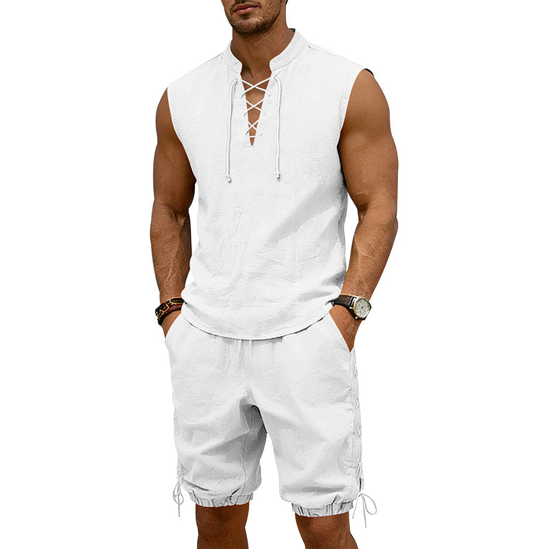 Men's sleeveless leisure set with lace collar and drawstring Bermuda Mune Fashion