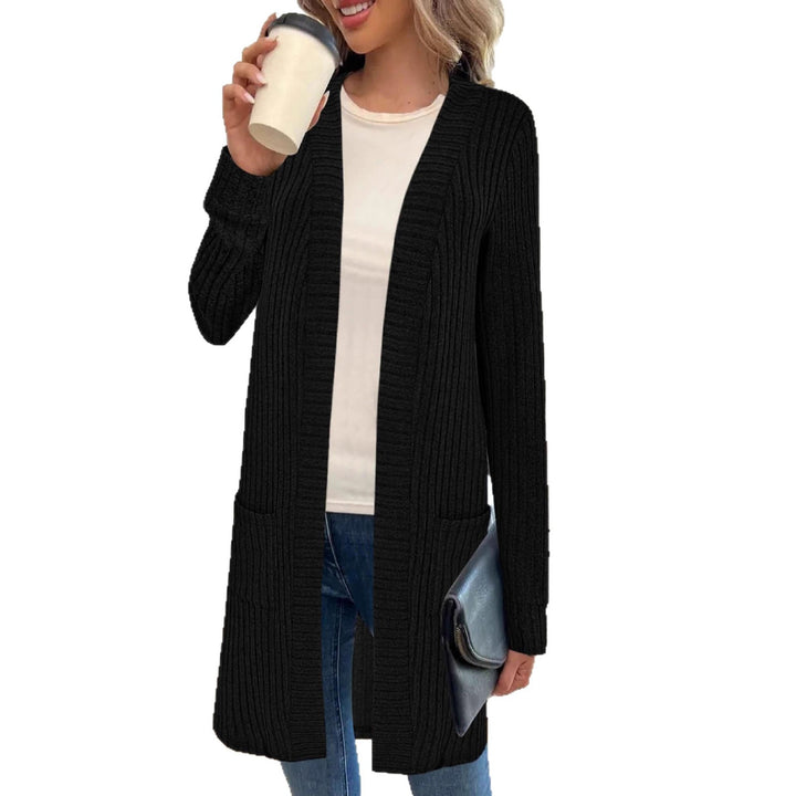 Women Long Fine Knit Cardigan with Ribbed Structure, Open Edges and In-Seam Pockets Drune