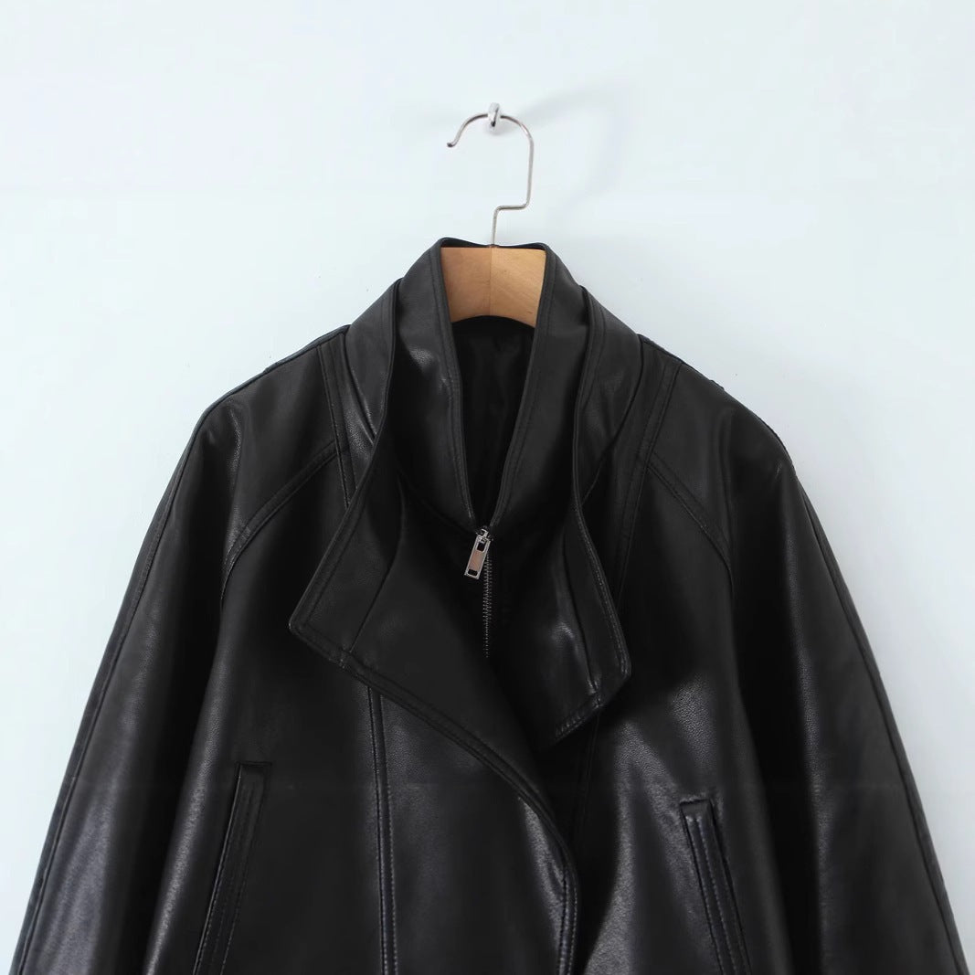 Women's Oversized Faux Leather Jacket with High Standing Collar and Double-Breasted Button Placket Mune Fashion