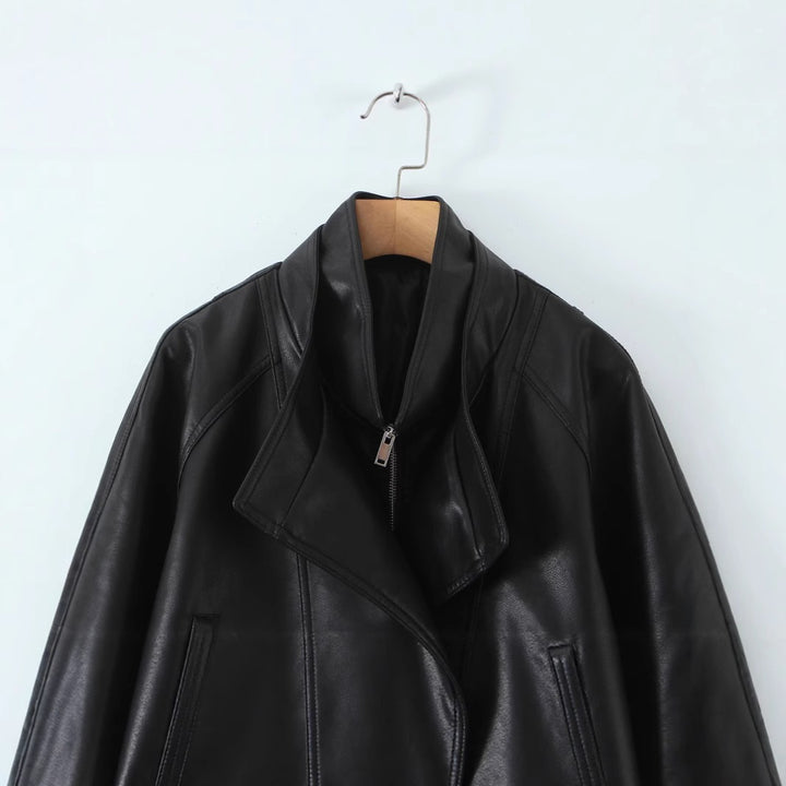 Women's Oversized Faux Leather Jacket with High Standing Collar and Double-Breasted Button Placket Mune Fashion