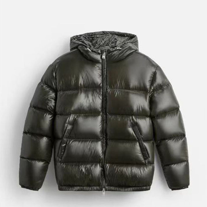 Women's Quilted Padded Hooded Jacket with High-Gloss Surface, Two-Way Zipper and Kangaroo Pockets Mune Fashion