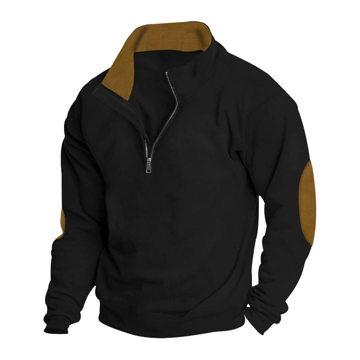 Men's casual cardigan with short front zipper, soft inner lining, and suede sleeve trim Mune Fashion