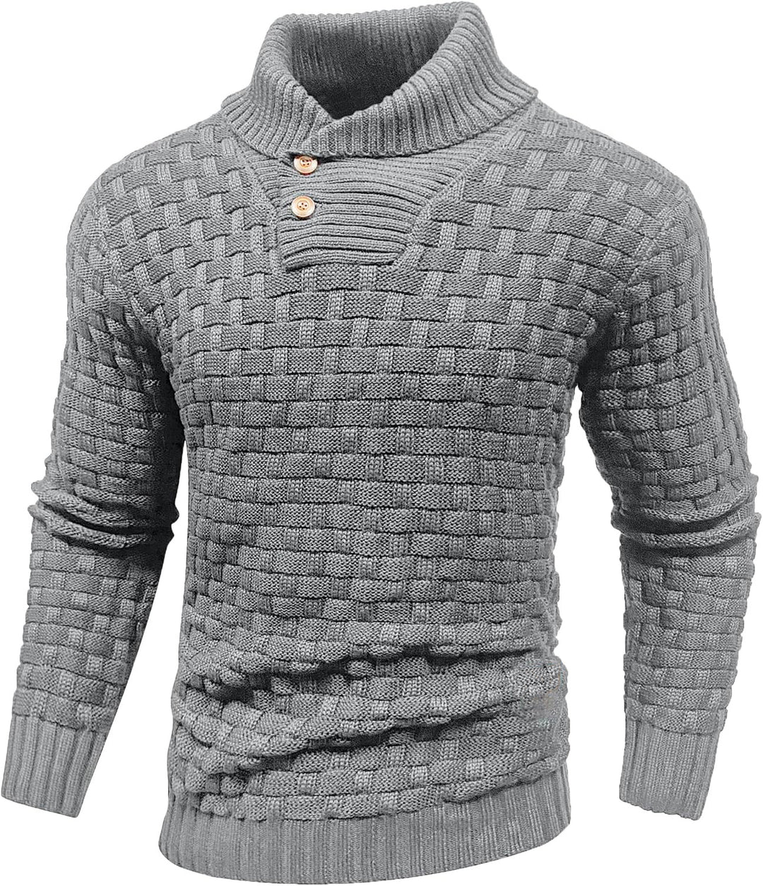 Men's chunky knit sweater with high roll neck, button placket and basket knit Mune Fashion