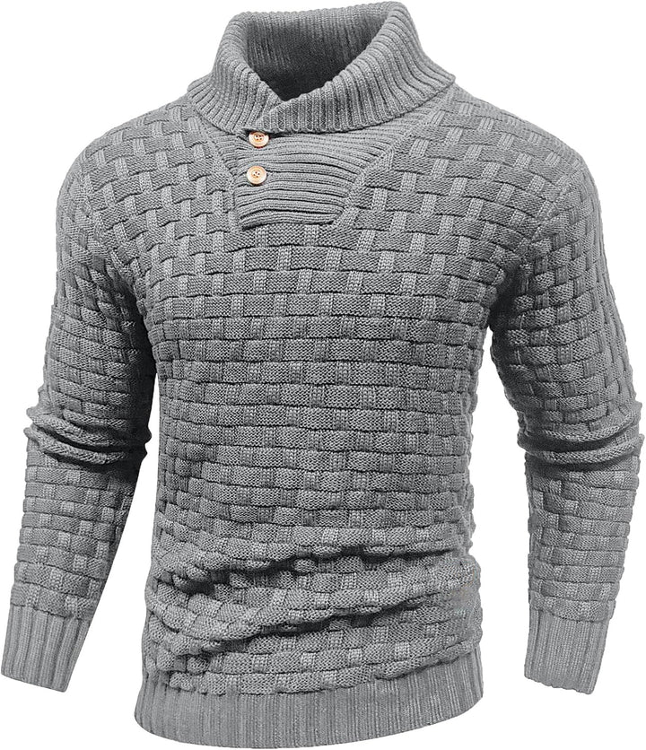 Men's chunky knit sweater with high roll neck, button placket and basket knit Mune Fashion
