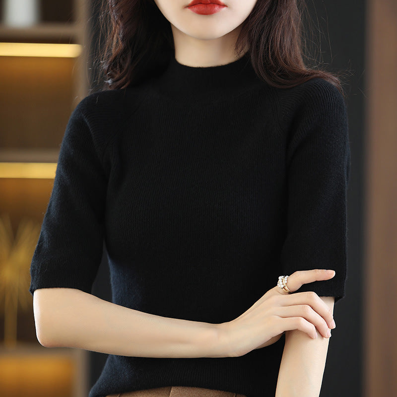 Women's Short Sleeve Fine Knit Sweater with Stand-Up Collar and Tailored Fit Mune Fashion