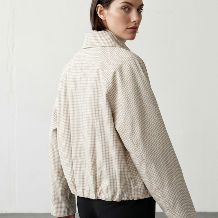 Women's Short Double-Breasted Blouson Jacket with Wrap Collar and Raglan Sleeves Mune Fashion