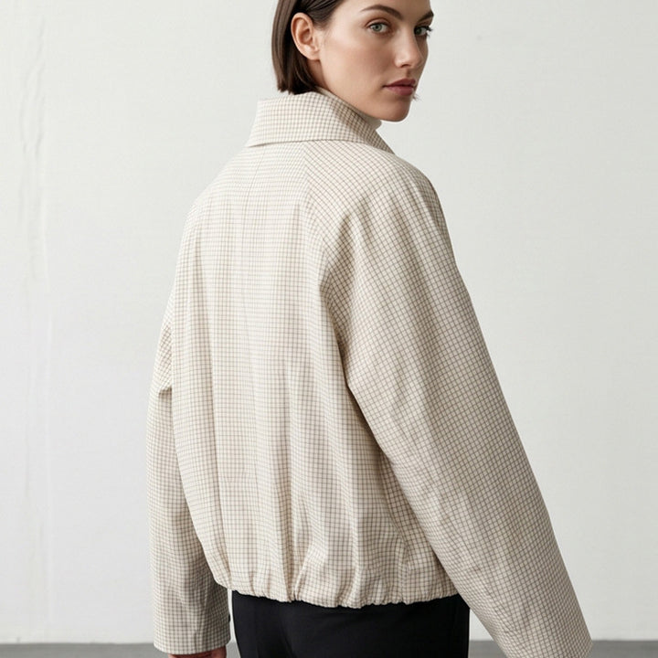 Women's Short Double-Breasted Blouson Jacket with Wrap Collar and Raglan Sleeves Mune Fashion