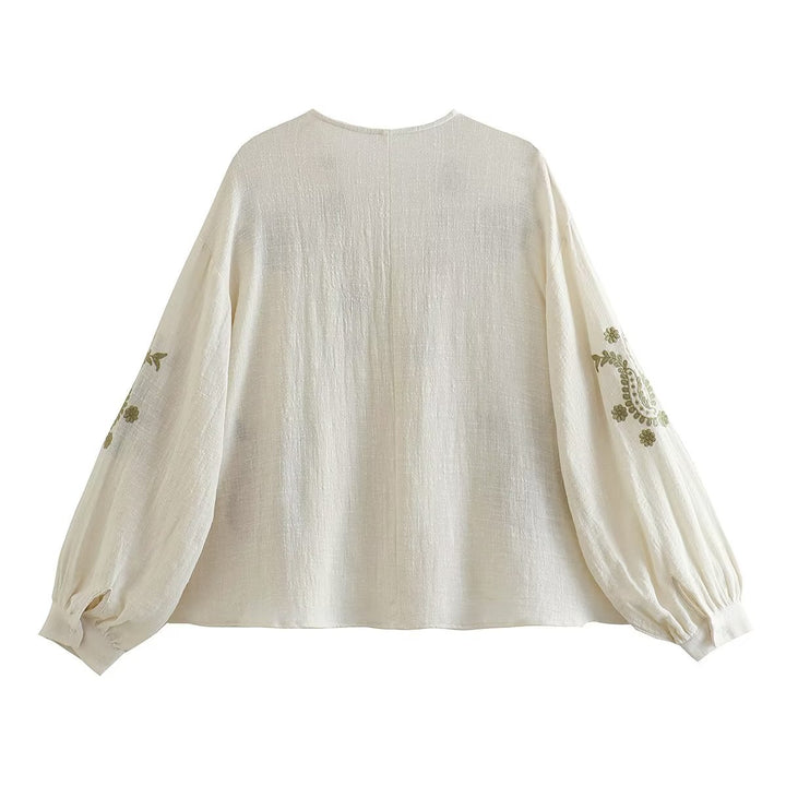 Women embroidered cotton tunic with a wide fall, paisley patterns, and balloon sleeves Mune Fashion