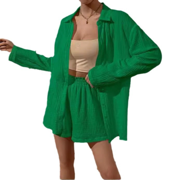 Women nan airy-light two-piece lounge set made of cotton gauze with shirt blouse and elastic waistband shorts Mune Fashion