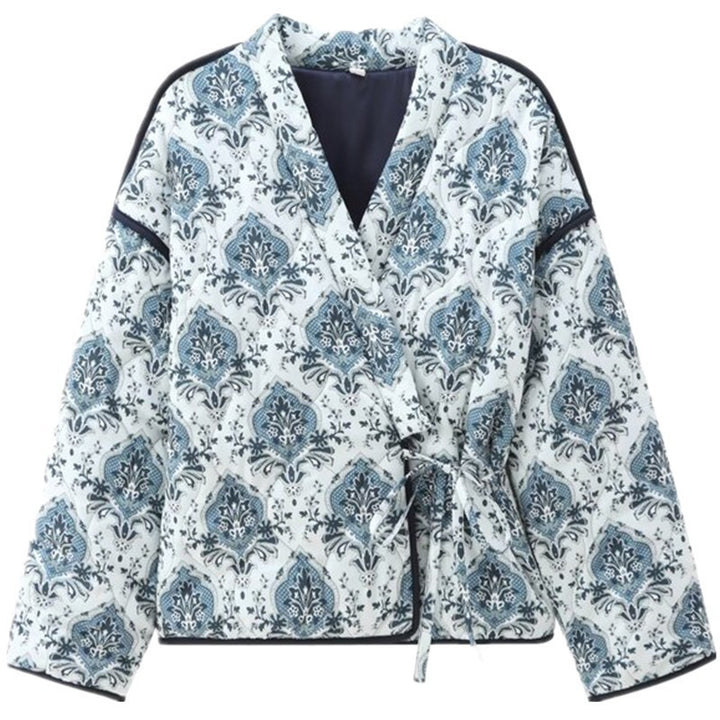 Women padded kimono jacket with waist belt and ornamental print Mune Fashion