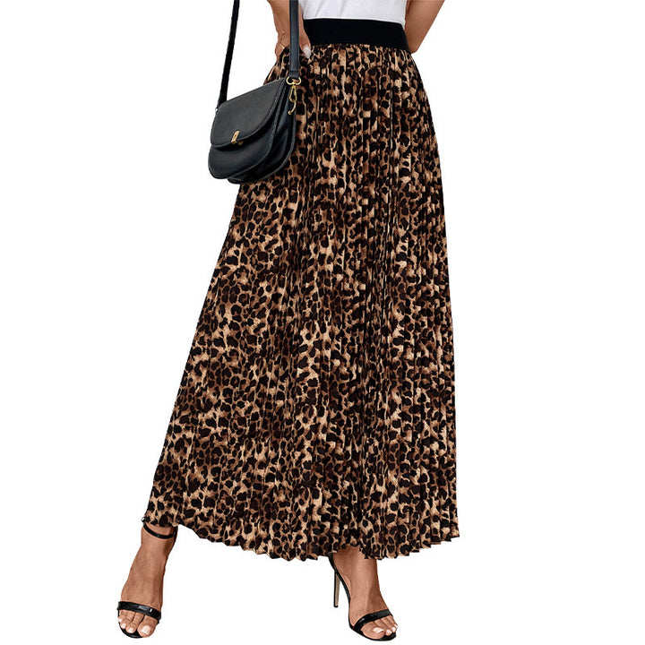 Women's Pleated Maxi Skirt with Leopard Print and Elastic Waistband Mune Fashion