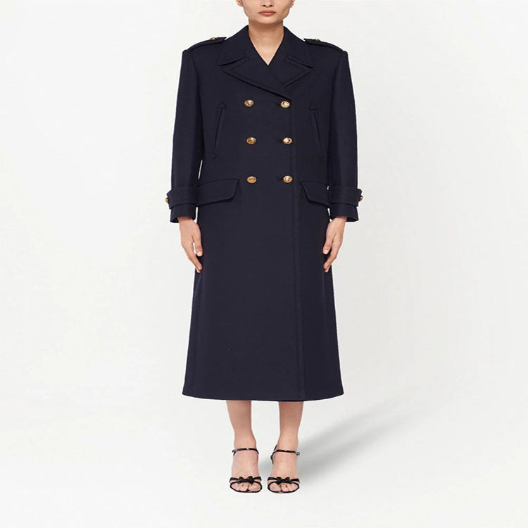 Women Double-breasted military-inspired Maxi Wool Coat with Epaulets and Decorative Straps Mune Fashion